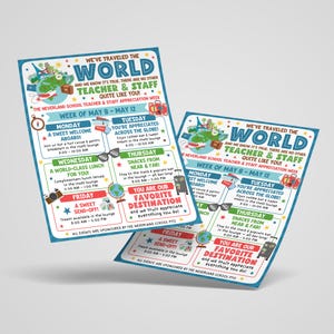 School appreciation flyer template featuring an around the world concept, perfect for room parents or administrators to edit in Canva and display during teacher and staff celebration week, with colorful travel graphics, layered block lettering, and an organized daily event schedule layout.