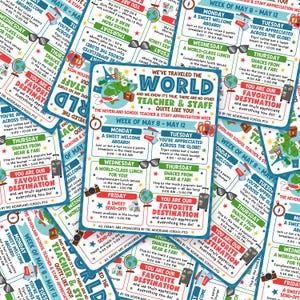 Printable school teacher appreciation flyer with an around the world message, designed for PTO groups and principals to edit in Canva and display for staff events, using bright travel colors, globe graphics, airplane imagery, and fun hand-drawn text for a warm thank you theme.