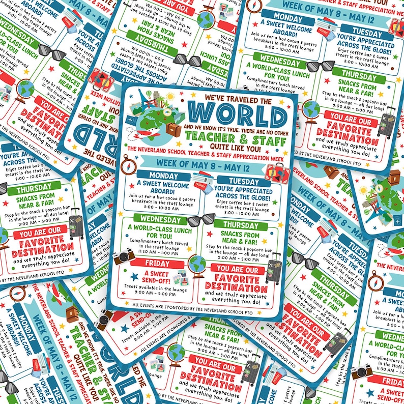 Printable school teacher appreciation flyer with an around the world message, designed for PTO groups and principals to edit in Canva and display for staff events, using bright travel colors, globe graphics, airplane imagery, and fun hand-drawn text for a warm thank you theme.