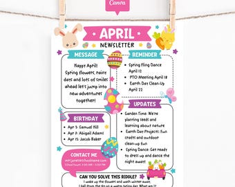 April Classroom Newsletter Template, Editable Monthly School Newsletter, Easter Parent Teacher Update, Spring Printable Canva Newsletter
