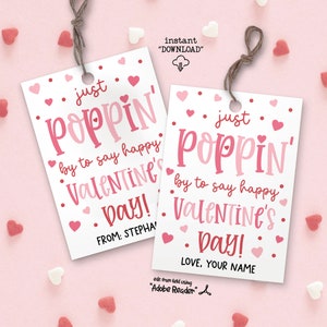 Just Poppin' by to Say Happy Valentine's Day Gift Tags, Popcorn Valentine Gift Tags, Teacher Classroom Valentines Day Gift Tag Printable