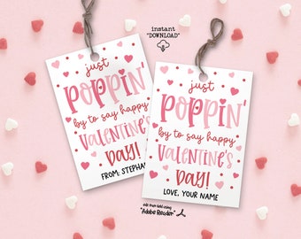 Just Poppin' by to Say Happy Valentine's Day Gift Tags, Popcorn Valentine Gift Tags, Teacher Classroom Valentines Day Gift Tag Printable