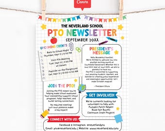 School Newsletter Flyer Template PTO PTA, Editable Canva Parent Teacher Organization Poster, Printable School Event, Volunteer Info Sheet