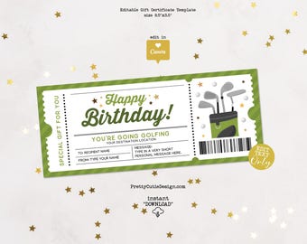 Golf Trip Gift Certificate Editable Template, Birthday Surprise Ticket, Golfing Gift Voucher Printable, Golf Birthday Coupon Template