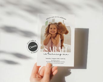 Minimalist Birthday Invitation with Photo, Printable 6th Birthday Invite for Girl, Simple and Modern Kids Birthday Party Card Design