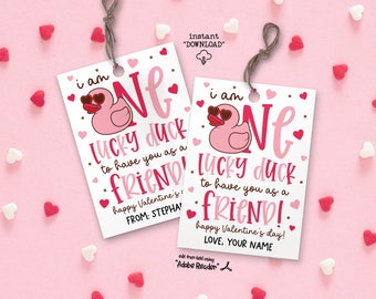 One Lucky Duck Valentine Tag, Rubber Duck Tag, Duck Party Favor Tags, Duck Printable Valentines Day Tags For Friend Valentine Tag