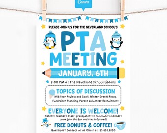 Winter PTA PTO Meeting Flyer Printable, Editable January Parent Teacher Meeting Sign, Mid-Year School Event Poster, Planning Canva Template