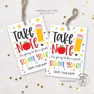 Take Note Back to School Gift Tags Printable, First Day of School Teacher Gift Tag, Students Classroom Welcome Tag Instant Download