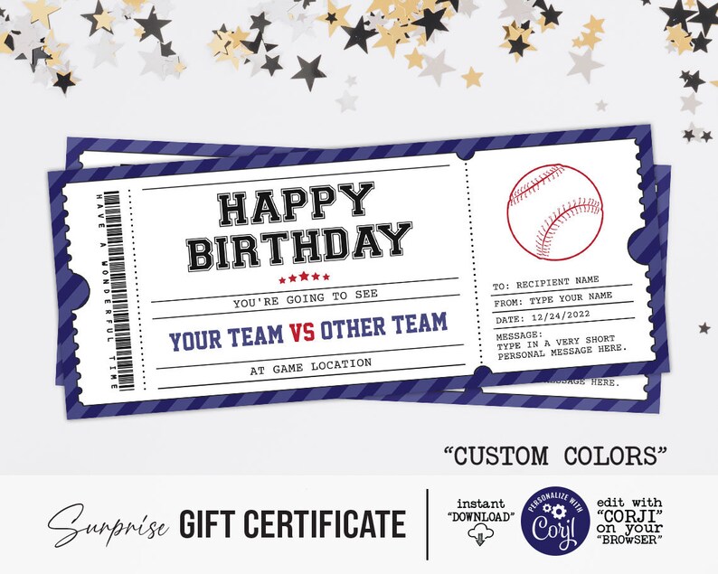 Baseball Game Ticket Birthday Gift Voucher Custom Colors Etsy