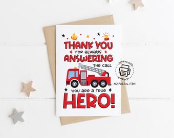 Firefighter Appreciation Card Printable, Thank You Firefighter Greeting Card, Fire Truck Hero Card, Firefighters Day Card Instant Download