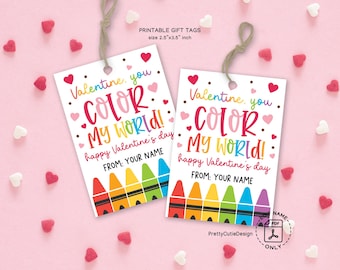 You Color My World Valentine Gift Tag, Crayon Valentine Tag, Non-Candy Valentine for Kids, Classroom Valentines, School Valentine Treat Tag