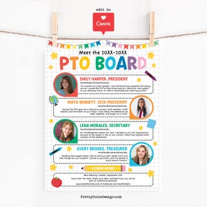 Può includere: Un colorato poster del consiglio PTO con il testo "Meet the 20XX-20XX PTO BOARD". Presenta le foto dei membri del consiglio: Emily Harper, Maya Bennett, Lena Morales e Avery Brooks. Il poster include informazioni di contatto e dettagli delle riunioni.