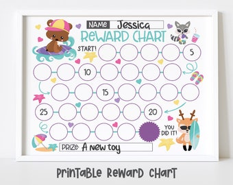 Summer With Animals Reward Chart for Kids, Simple Kids Reward Chart, Cute Animals Sticker Chart - INSTANT DOWNLOAD