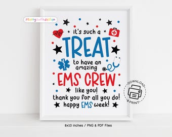 EMS Week Printable Sign EMS Crew Appreciation Treat Theme Red Blue Thank You Sign for Breakroom Office Station or Gift Display