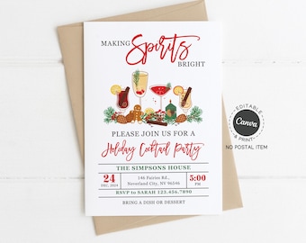Editable Holiday Cocktail Party Invitation : Printable Christmas Spirits, Canva Template