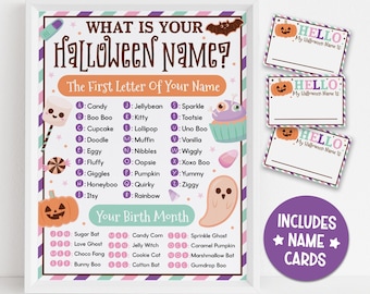 Halloween Candy Name Game Printable Poster: Kids Party Activity with Name Cards, PDF Download