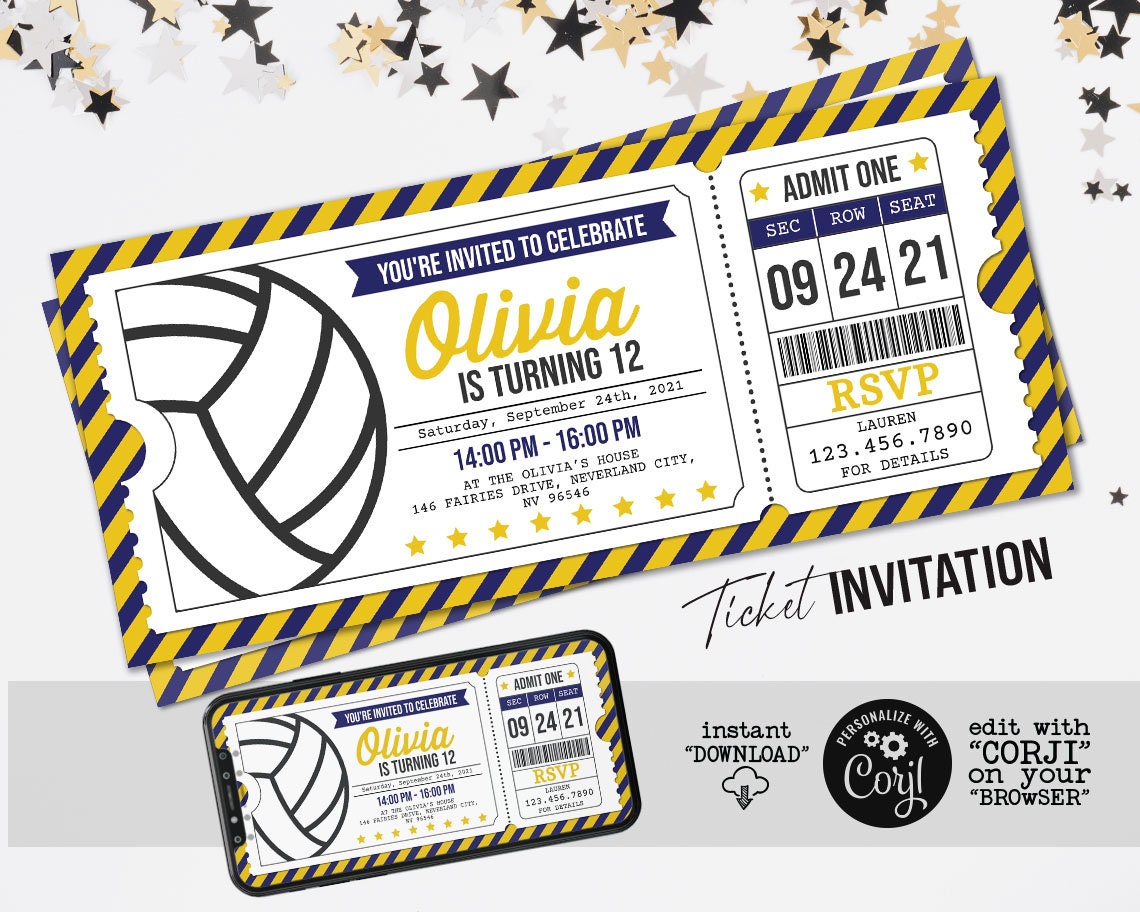 Volleyball Ticket Invitation Volleyball Birthday Party Etsy