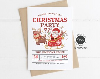 Christmas Party Invitation Template, Santa Sleigh & Reindeer, Editable Canva, Printable 5x7 (Digital)