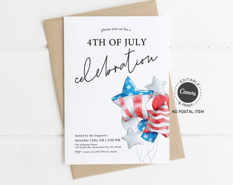 4th of July Invitation, Patriotic Independence Day Party Invite, Printable Red White and Blue Celebration Card with Balloons and Stars