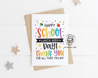 School Lunch Hero Day Card Printable, Thank You Card for Cafeteria Staff Appreciation, Colorful Lunch Hero Note Gift Card