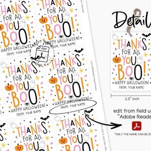 Close view of a white gift tag on neutral gift wrap, featuring “Thanks for All You Boo!” in oversized pink, orange, and black letters above “Happy Halloween!”