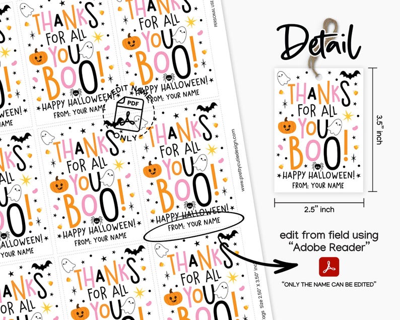 Close view of a white gift tag on neutral gift wrap, featuring “Thanks for All You Boo!” in oversized pink, orange, and black letters above “Happy Halloween!”
