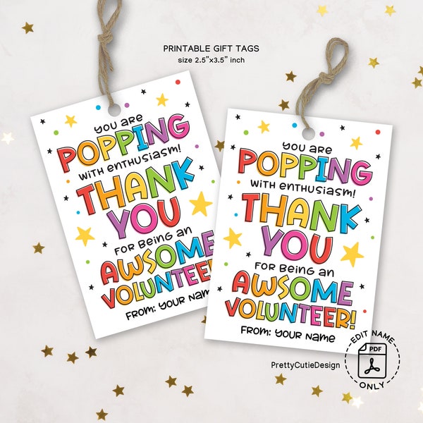 Popping Volunteer Thank You Tags, Volunteer Appreciation Gift Tag Printable, Printable Thank You Volunteer Tags, Volunteer Appreciation Tags