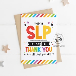 Carte de voeux pour le jour de l'orthophoniste SLP imprimable, carte de remerciement arc-en-ciel, note d'appréciation, téléchargement immédiat pour cadeau SLP
