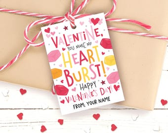 Starburst Valentine Tags, Heart Burst Gift Label, Kids Candy Class Favor, Digital Download