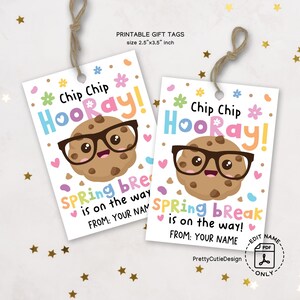 Peut inclure: Deux étiquettes cadeaux blanches avec un biscuit de dessin animé portant des lunettes et les mots "Chip Chip Hooray! Spring Break is on the way!". Les étiquettes mesurent 6,35 cm x 8,89 cm.