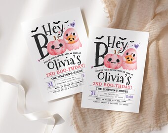 Editable Halloween Birthday Invitation Template, 2nd Boo-thday Party Invite, Spooky Cute Ghost Pumpkin Girl Birthday Card for Canva Download