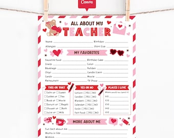 All About My Teacher Printable, Favorites Questionnaire Form, Valentine Canva Editable Template