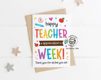 Teacher Appreciation Week Card Printable, Colorful Thank You Card for Teacher, Instant Download, End of School Gift, Classroom Supplies
