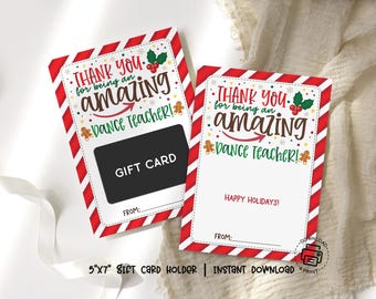 Dance Teacher Gift Card Holder Printable, Christmas Appreciation, Candy Stripe Design