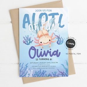 Axolotl Birthday Invitation for Kids, Under the Sea Party Invite, Cute Printable 8th Birthday Card with Ocean Theme, Girl Birthday Invite