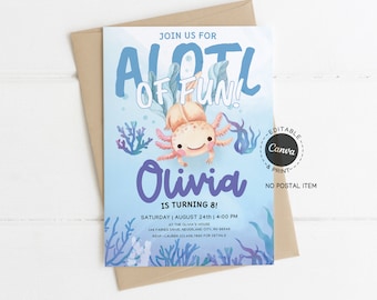 Axolotl Birthday Invitation for Kids, Under the Sea Party Invite, Cute Printable 8th Birthday Card with Ocean Theme, Girl Birthday Invite