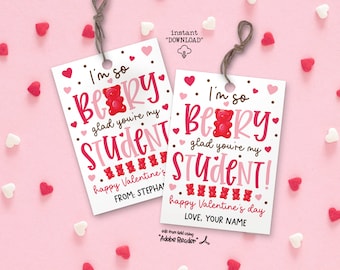 Teacher Valentine Gift Tag Printable, Berry Student Pun, Classroom Treat Bag Label, Digital Download