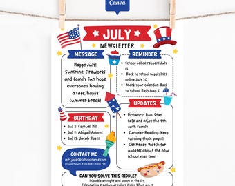 July Classroom Newsletter Template, Printable Monthly School Newsletter, Summer 4th of July Parent Teacher Update, Editable Canva Newsletter