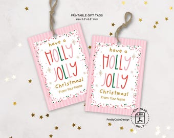 Holly Jolly Christmas Gift Tags, Pink Printable Holiday Labels for Teachers, Neighbors