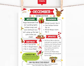 December Classroom Newsletter Template, Editable Monthly School Flyer, Parent Communication Printable, Holiday Classroom Canva Template
