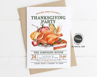 Thanksgiving Party Invitation Template: Printable Holiday Dinner Invite with Turkey