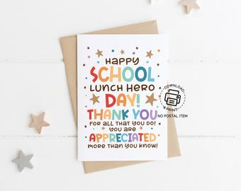 School Lunch Hero Day Card Printable, Appreciation Card for Cafeteria Staff, Thank You Note for Lunch Lady, Instant Download for Teachers