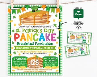 St Patrick's Day Pancake Breakfast Flyer Printable, Editable School Fundraiser Event Poster, Canva Template