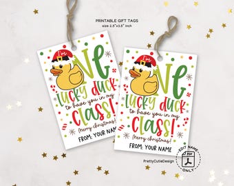Rubber Duck Christmas Gift Tags Printable, One Lucky Duck Class, Teacher Student Holiday Labels