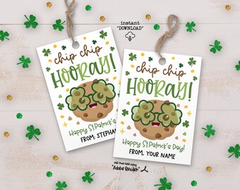 Happy St Patricks Day Cookie Tag, St Patrick Printable Cookie Tag, Chip Chip Hooray Tag Printable, Kids St Patrick Classroom Treat Tags