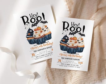 Halloween Birthday Invitation Printable, Editable Hey Boo Cupcake Party Invite, Spooky Kids Birthday Template Canva with Ghost & Bat Toppers
