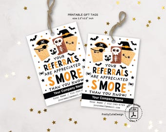 Halloween Referral Appreciation Gift Tags Printable: S’mores Theme, Editable Template