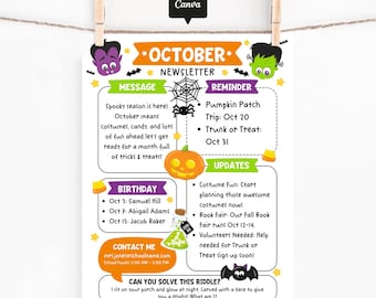 October Classroom Newsletter Template, Editable Monthly School Newsletter Flyer, Parent Communication Printable, Halloween Classroom Flyer