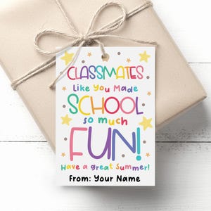 May include: A gift wrapped in brown paper, tied with twine, and a white tag. The tag reads "CLASSMATES, Like You Made SCHOOL so much FUN! Have a great Summer! From: Your Name" in colorful text with star accents.