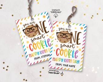 One Smart Cookie Happy 100 Days Of School Printable Cookie Tag, 100th Day School Classroom Printable Gift Tags, 100 Day Of School Treat Tags